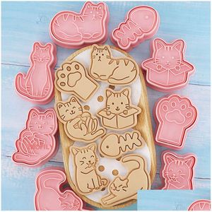 Baking Moulds Mods 8Pcset Cookie Cutter Stamp Cat Shape Mold Pastry For Biscuits Animal Run Kingdom Type Cake Decor Cutters 230923 D Dhnsq