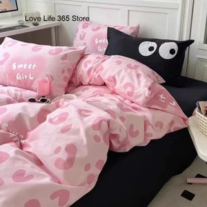Yatak takımları Koreli tatlı kız seti güzel pembe kalp yatak sayfası keten sevimli yorgan kapağı tek çift tam boy polyester 231018
