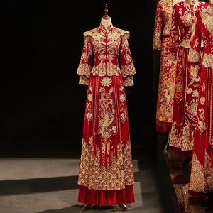 Ubranie etniczne 2023 Czerwona seksowna suknia ślubna Vintage Cheongsam Qipao długie tradycyjne chińskie sukienki kobiety Phoenix Haftowa panna młoda