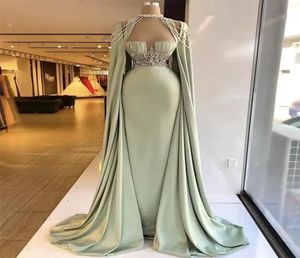 Eleganta sjöjungfrun aftonklänningar med avtagbar Cape Pärled Crystal Formal Prom Gowns Custom Made Plus Size Pageant Wear Party Gow8631231