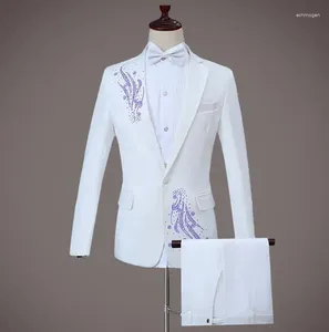 Men's Suits White Star Style Dance Stage Host Master Of Ceremonies Men Suit Set With Pants 2023 Mens Wedding Sequin Formal Dress Tie