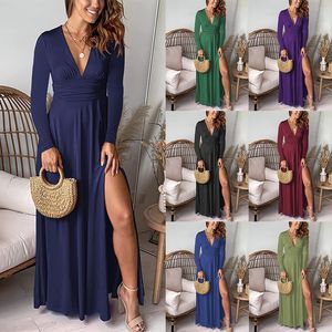 Elegant and Sexy New European and American Deep V-Neck Long Sleeve Pleated High Waist Split Club Party Dress