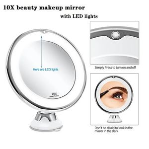 Kompakta speglar Sugkopp Type 10x Förstoring Make-up Mirror med Sug Cup Badrum LED-fyllning Ljus Make Up Mirror Dressing Beauty Mirror 231018