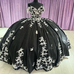 Black Shiny Off the Shoulder Ball Gown Quinceanera Dress Appliques Lace Beads Ruffles Vestido De 15 Anos Sweet 16 Prom Party Gown