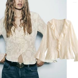 Damenblusen verwelkt Herbst Französisch Rüschen V-Ausschnitt Flare Ärmel Chiffon Shirt Mode Damen Bluse Top