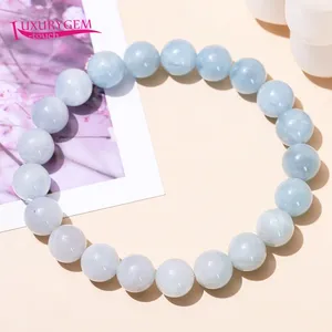 Strand High Quality Natural Gradient Color Aquamarines Stone Handmade Bracelet Elasticity Jewelry Smooth Round Shape Beads 18cm Sk471