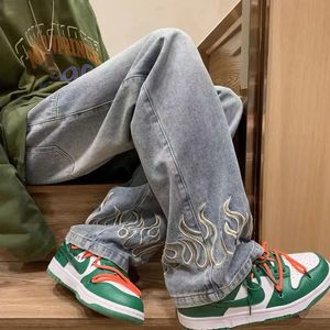 Men's Hoodies Sweatshirts Fashion Flame Embroidery Jeans Neutral Wide Leg Denim Trousers Loose Straight Youth Casual Baggy Hip Hop Pants 2023 231018