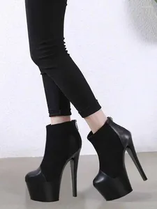 Boots Concise Platform Ankle Fashion Stripper Heels Women 13cm Catwalk Open Toe Flock Big Nightclub Stage Show Models