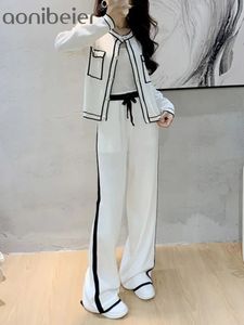 Women's Tracksuits Aonibeier White Knitted Women Sweater Wide Pants Sets Traf Winter Contrast Color Long Sleeve Slim Female Crop Top Suits Y2K 231018