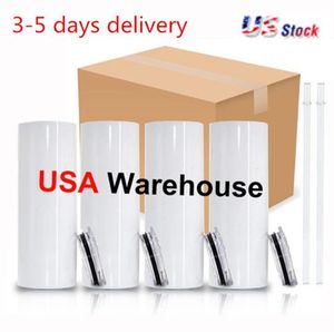 USA CA Warehouse Wholesale 20oz White Stainless Steel Tight Straight Flat Edge Sublimation Billet Roller with Lid and Clear Straw 4.23