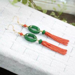 Brincos pendurados natural verde jade vermelho coral contas círculo franja dia da tola sorte orelha parafuso prisioneiro diy ano dia das bruxas gancho dia dos namorados