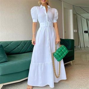 Vintage Puff Sleeve Women Party Maxi Dress Elegant Randig Office Lady Long Dresses Fashion Turn-Down Collar Butt Shirt Dress 22216h