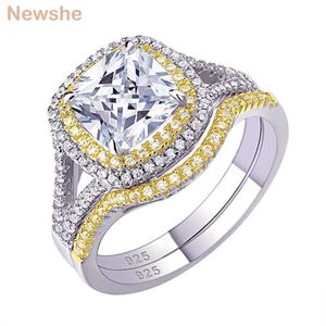 she 925 Sterling Silber Halo Gelbgold Farbe Verlobungsring Ehering Brautset für Frauen 1 8 Karat Kissenschliff AAAAA CZ 210623234g