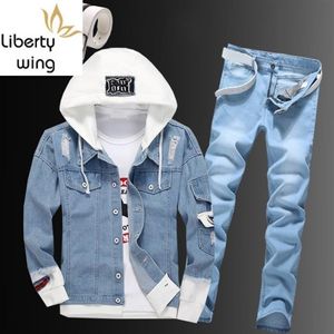 Casual Men's Tracksuits Hooded Cowboy Jacket dragkedja Jeans Two Piece Set Plus Size Street Single Breasted Hole Ripped Blue Den315L