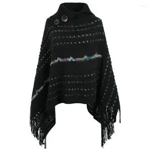 Scarves Women's Lapel Buttoned Pullover Shawl Colorful Fringed Knitted Cape For Women