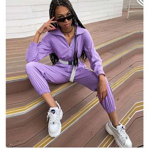 Macacões femininos macacão moda feminina zíper gola grande bolso solto cinto casual carga macacão roxo playsuits tr321k