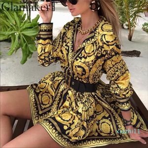 Fashion-Sexy Paisley Vintage Print Gold Dress Women Holiday Beach Casual Dress Summer Elegant Short Party Club Large Size308J