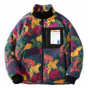 Winterjacke, gespleißt, doppelseitig, Lammwolle, Stehkragen, wattierte Jacke, wendbar, Camouflage-Windbreaker, Fleece-gepolsterte Jacke, dicker Mantel