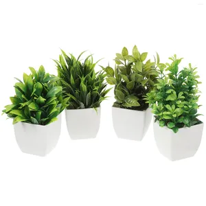 4 pcs Decorative Flowers Small Artificial Potted Office Home Decor Leaves Plastic Fake Plants