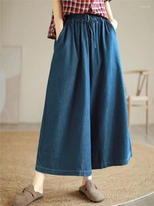 Женские джинсы в стиле ретро, женские эластичные пояса на шнурке, лето 2023, лето-осень, свободные повседневные джинсовые широкие брюки