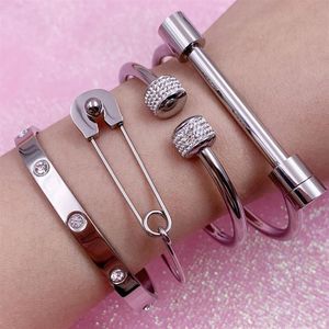 Mavis Hare Ball Love Crystal Bangle Pin Armband Set rostfritt stål Manschett Öppet för Woman295D