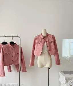 Kvinnors jackor chic rosa pu läderjacka lady vår höst faux singel bröstet löst korta outwear
