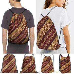 Borse per la spesa Borsa da palestra sportiva da viaggio con motivo batik tradizionale giavanese rosso scuro e giallo Zaino con coulisse impermeabile per allenamento fitness