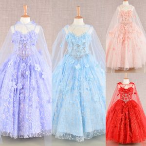 3D Floral Girl Pageant Dress 2024 with Cloak Cape Glitter Tulle Little Kid Fun Funder Runway Runway Drama الرسمي كوكتيل حفل صغير