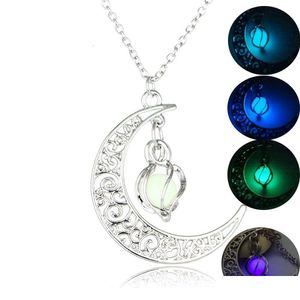 Pendant Necklaces Moon Glowing Necklace Gem Charm Jewelry Sier Plated Women 4 Colors Stone Beads Pendant Hollow Luminous Jewelry Neckl Dh7Ia