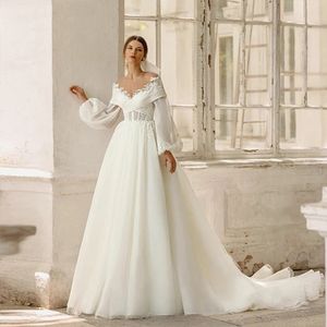 Off the ramion Boho Wedding Dress Kobiety Wspaniałe rękawy puchowe koronkowe aplikacje Pliste A-Line Suknia ślubna Train