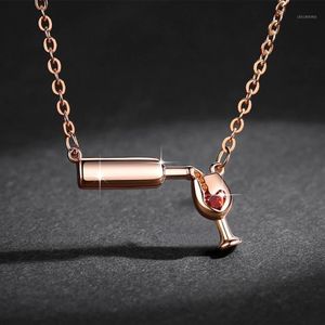 Rose Gold Color Creative Wine Glass Pendant Necklace for Women Zircon Red Heart Wine Cup Charm Necklace Choker Short1288y