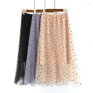 Skirts 2023 Korean Style Fashionable All-Match Mesh Polka Dot Skirt Women Elastic High Waist Mid-Length Pleated