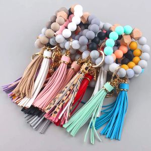 New Silicone Keychain DIY Key Tassel Wood Beads Bracelet Keyring Girl Women Accessories Multicolor Keychain Wholesale Hot Sale