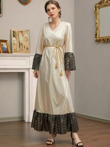 Ethnische Kleidung Naher Osten Muslimische Frauen Frühling Und Sommer Hohe Taille Golddruck Kontrastnähte Schnürkleid Robe Europäisch