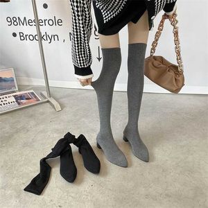 Top Boots Silk Stockings Boots Autumn Winter New Mesh Red Knitted Thick Heeled Knee Socks Women's Long Tube High Elastic Medium Heel Boots