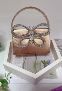 Bolsa quadrada de cetim Y2K Gen-Z: Strass borboleta, 23Collection Bolsa quadrada com strass de diamante Crossbody para transporte à mão no ombro Blogger Fúcsia Diamante champanhe