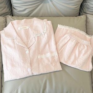 Women's Sleepwear Pink Pajamas Summer Cotton Linen Short-sleeved Shorts Suit Sweet Lace Cardigan Can Be Worn Outside The Home Wear