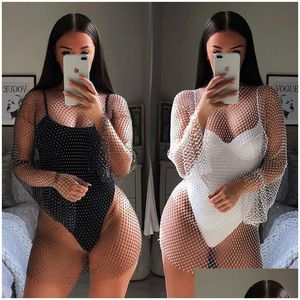 Scene Wear Fantoye Crystal Diamond Sexig Bodycon Dress Women Hollow Out Mini Summer Fishnet Mesh Beach Party Vestidos Drop Delivery