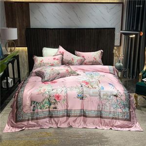 Set di biancheria da letto Set di lenzuola da 4 pezzi Set di lenzuola in raso di cotone egiziano di fascia alta 100S Copripiumino matrimoniale Copripiumini con paesaggio cinese rosa