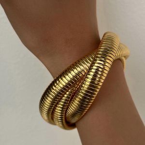 Bangle Fashion 18k Gold Plated Titanium Steel Bracelets Vintage Multilayers Elastic Gypsy Polishing For Women Aesthetic Jewelry