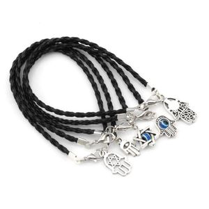 100 Stück gemischte Kabbalah-Hamsa-Hand-Glücksbringer-Armbänder aus schwarzem Leder mit geflochtener Schnur, 17–21 cm, 260 N