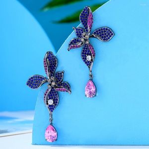 Dingle örhängen Godki Trendy Blue Leaf Flower Drop Earring For Women Wedding Cubic Zirconia Dubai Bridal Costume Jewelry Summer Party