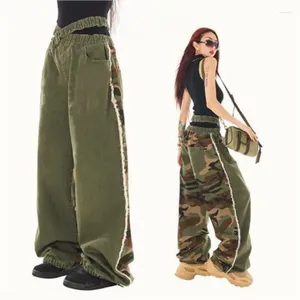 Jeans da donna Cross Hollow Out Elastico in vita Verde militare Camouflage impiombato Pantaloni dritti alla moda a gamba larga Abbigliamento da donna