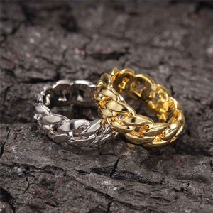 18K Gold Plated Cuban Link Rings Hiphop Wedding Party Jewerly Full Iced Out Cubic Zirconia Fashion Ring For Men Women161H