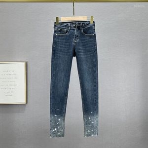 Jeans femininos fino veludo grosso para mulheres 2023 outono inverno denim calças meninas senhora strass recortado magro elástico jean