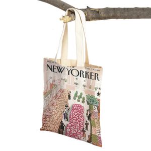 Einkaufstaschen Nordic The Yorker City Magazine Damen Einkaufstaschen Doppeldruck Casual Shopper Bag Lady Canvas Tote Leaf Reisehandtasche 231019