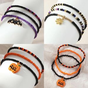 Charm Armbänder 3 Teile/sätze Halloween Bunte Perlen Handgemacht Für Frauen Mädchen Legierung Fledermaus Spinnennetz Kürbis Anhänger Armband Schmuck