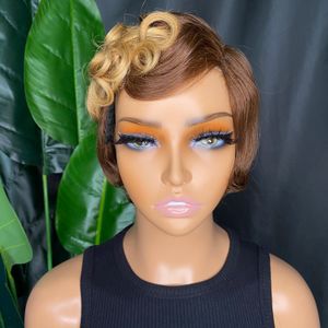 100% rå Remy Virgin Human Hair Brown Pixie Curly Cut Short Wig Peruvian Indian Malaysian Hair Wig