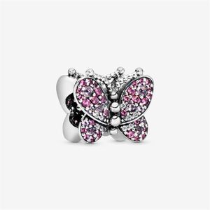 100% 925 Sterling Silver Pink Pave Butterfly Charms Fit Original Europeiska charmarmband Kvinnor Bröllopsengagemangsmycken 286S