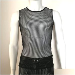 Mens T-Shirts M-2Xl Summer Style Fashion Fish Tle Net Tanks Men Sexy Lingerie Fitness Tops Tees Night Club Plus Size Sleeveless Bla